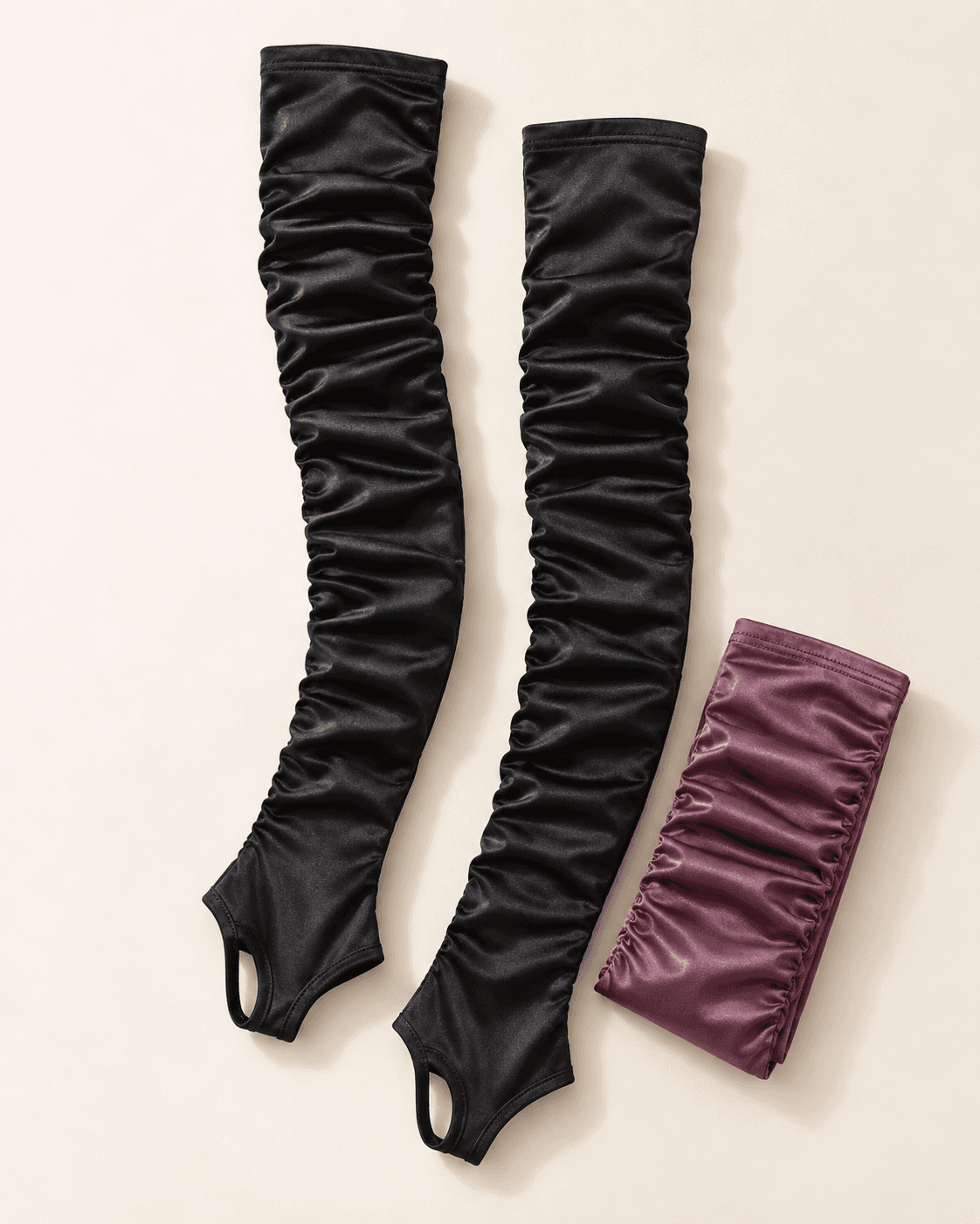 Black ruched fingerless satin arm sleeves with a plum colourway