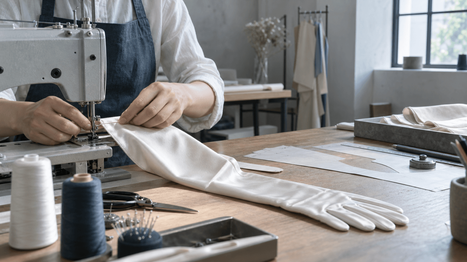 Editorial close-up of satin glove construction at a worktable