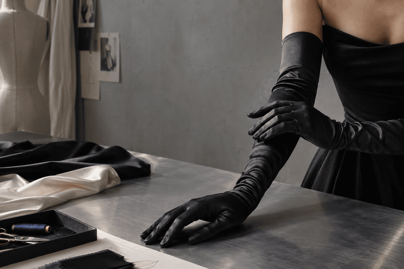 Editorial still life of an ink satin opera glove in a quiet atelier
