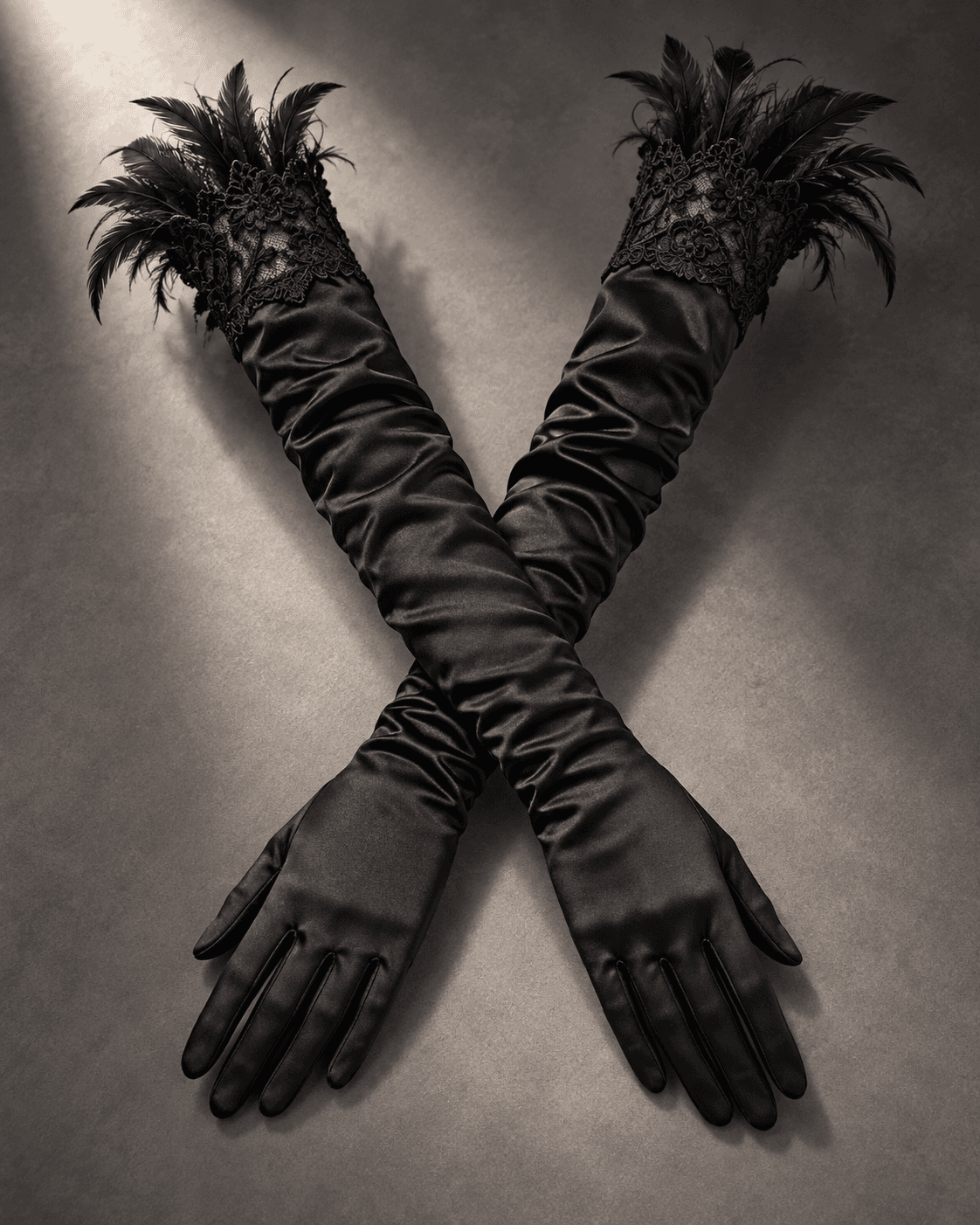 Black ruched satin stage gloves with feathered lace cuffs