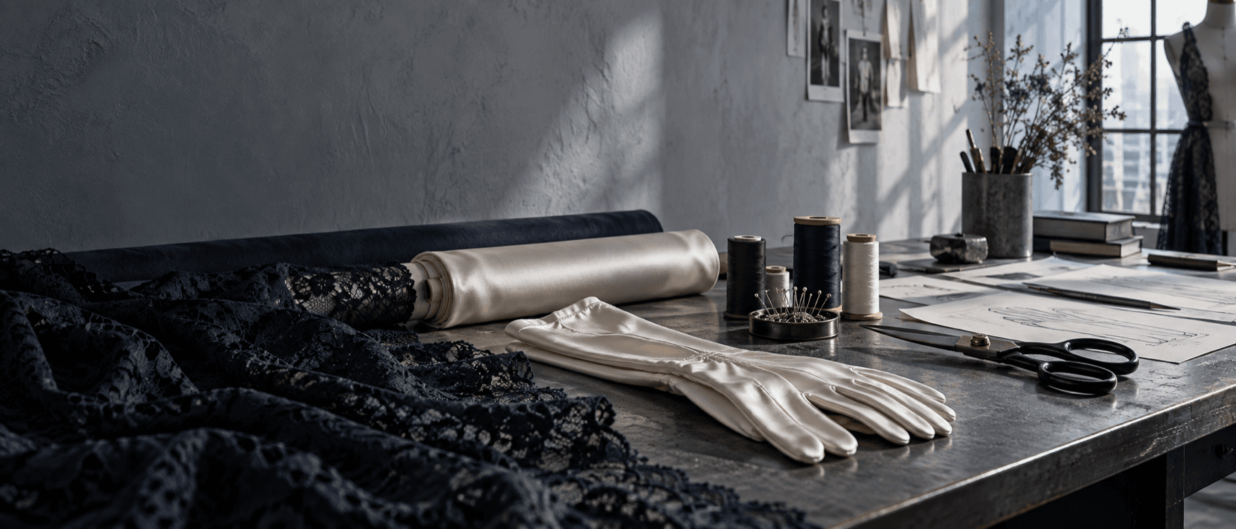 Editorial atelier worktable with satin, lace and pattern tools