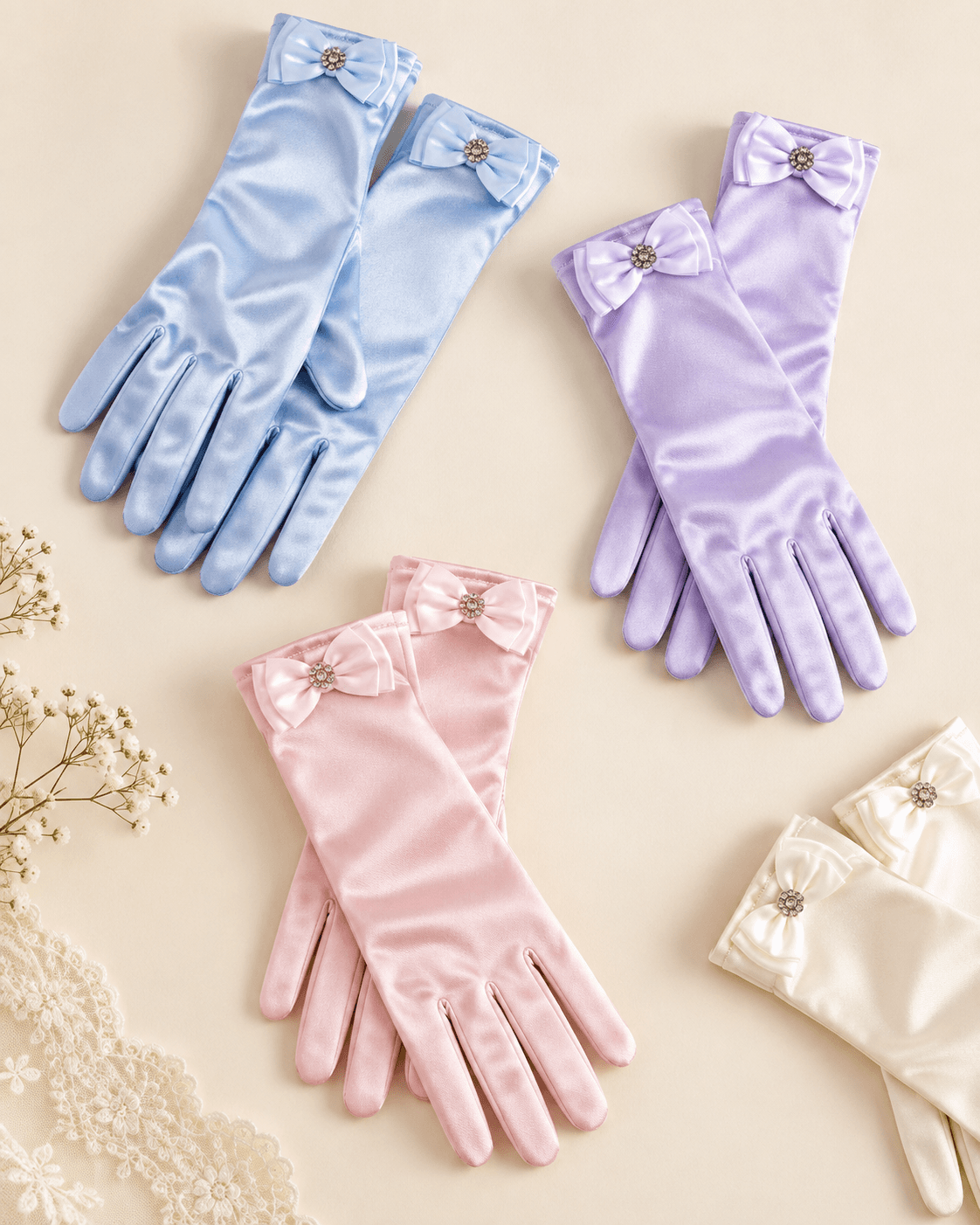 Powder blue, lilac and pale rose satin girls dress gloves with bows