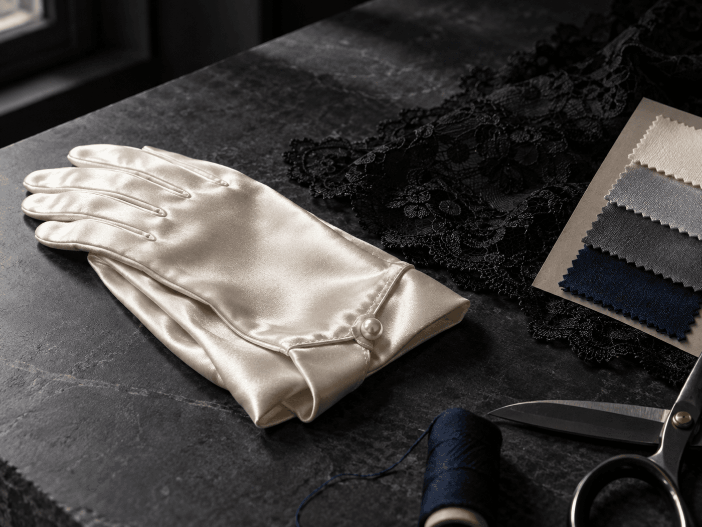 Editorial still life of ivory satin and lace materials for buyer review